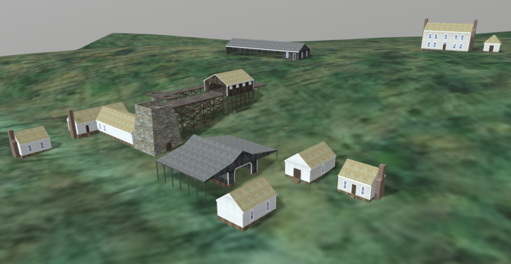An image of a 3D model with multiple buildings